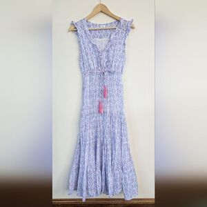 Mer St Barth Giselle Women's Midi Dress Navy Ikat Pink Flutter Sleeve V Neck M